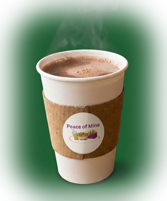 POM hot cocoa in a white to-go cup with a kraft sleeve, steaming