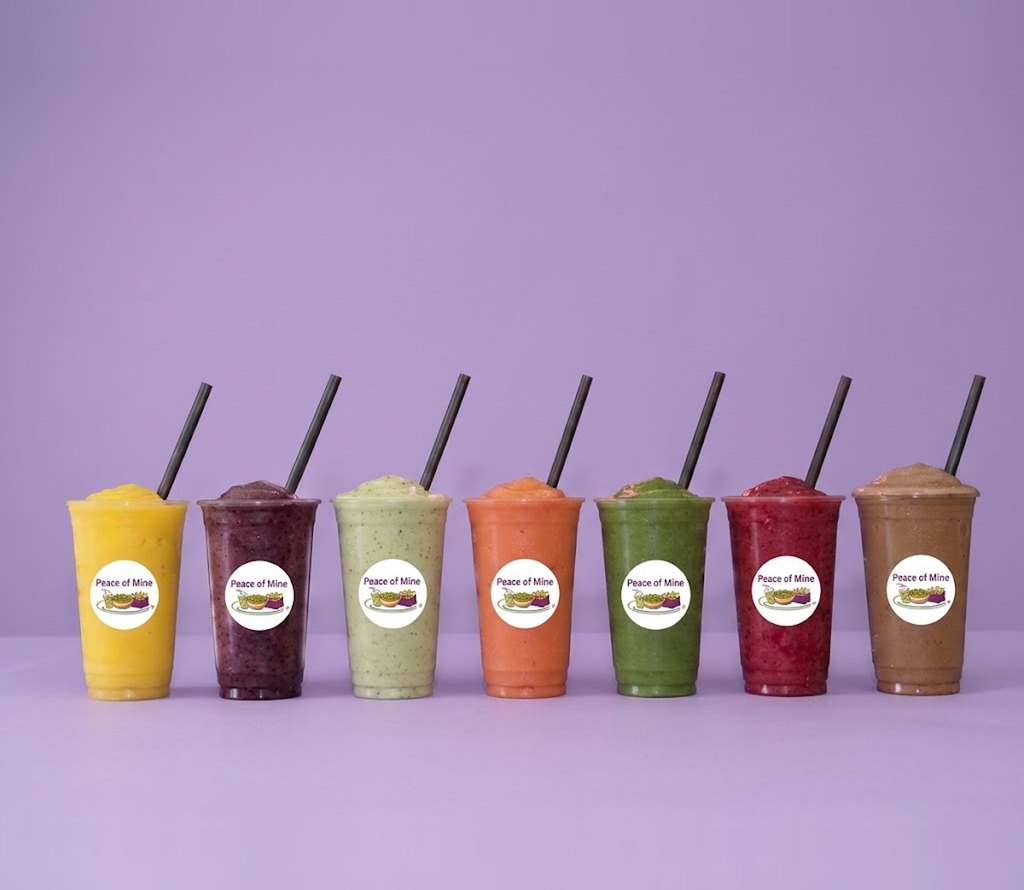 Seven Peace of Mine sea moss smoothies in a row: Mango Tango, Go Berry, Winters Paradise, Tropical Blast, V-Tox, Peace of Mine and Sunflower Power